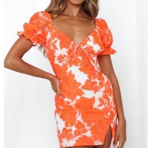 Hello Molly Orange Floral Mini Off Shoulder Dress